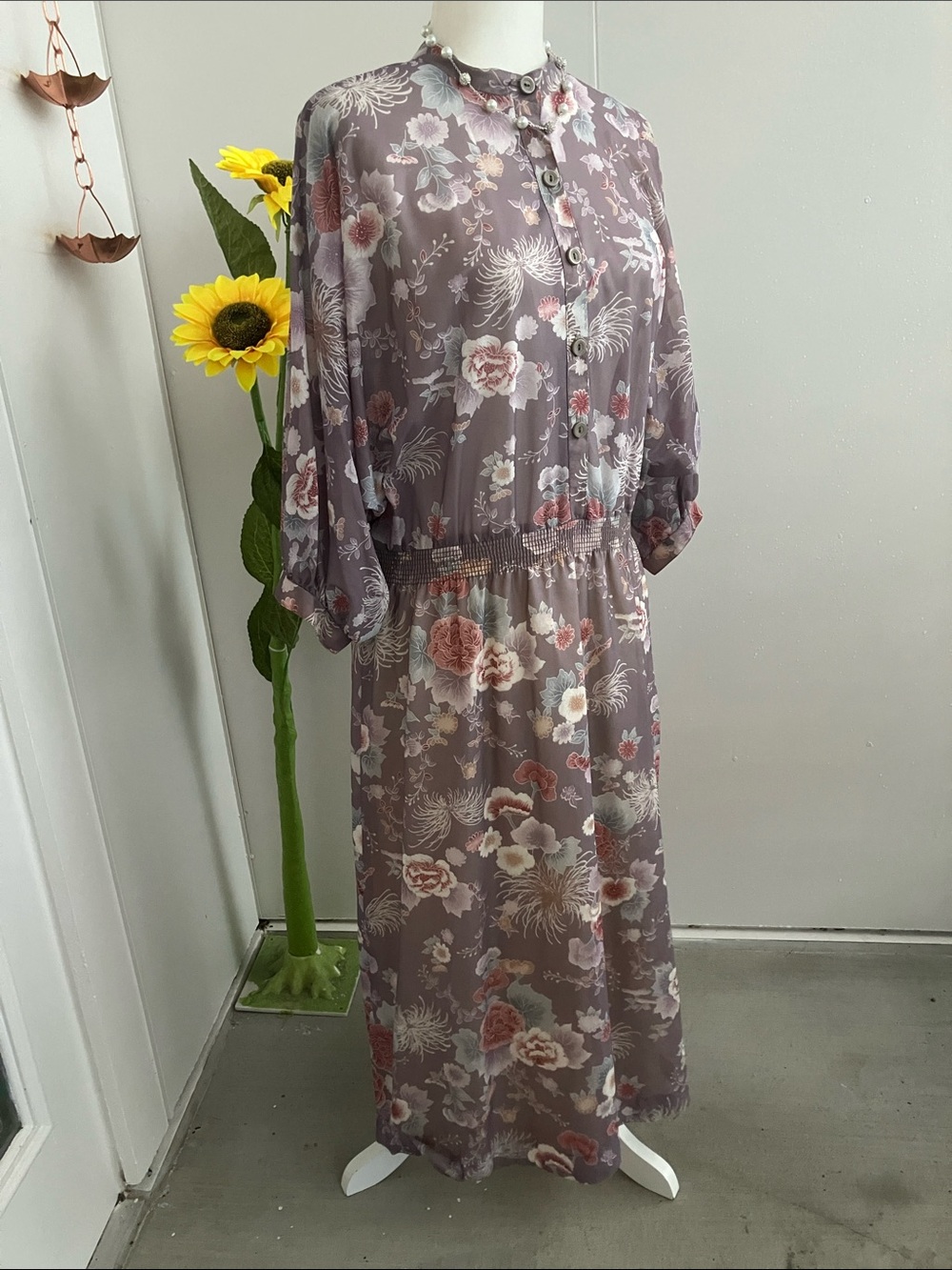 Vintage 70s 80s Gray & Pastel Muted Florals Dolman Sleeve Button Up Midi Dress